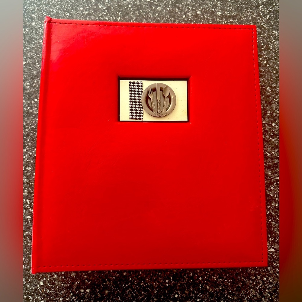 Red Recipe Album with Silver fork, spoon, knife and plate Emblem